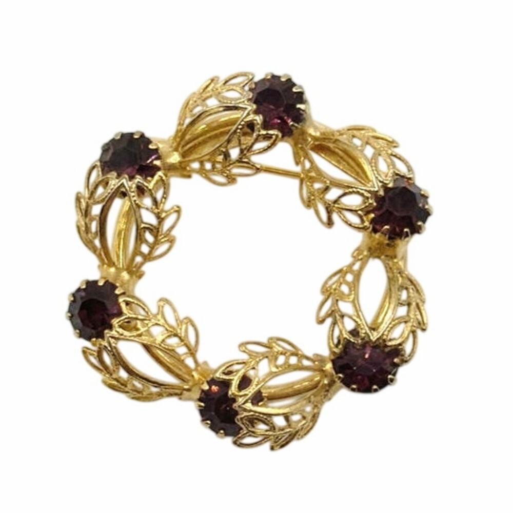 Gold Tone Filigree and Purple Crystals Vintage Brooch 1”